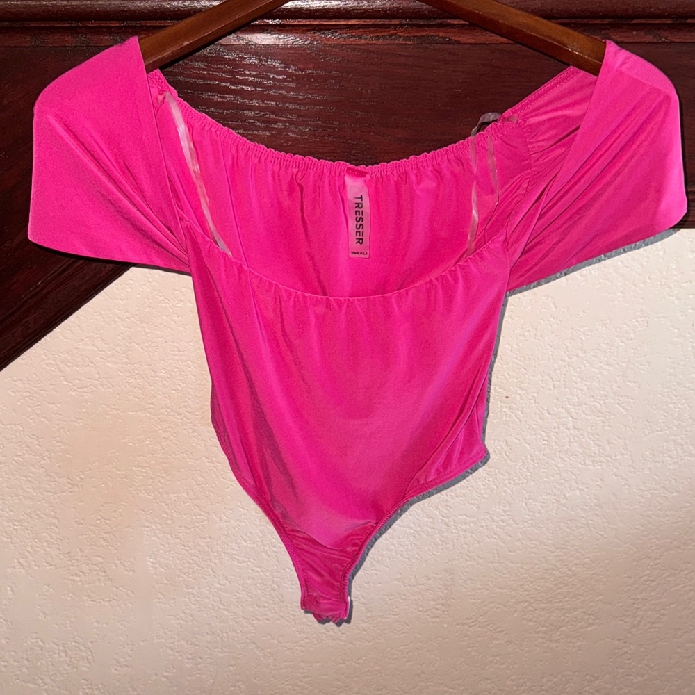 Tresser Bright Pink Off-Shoulder Comfy Short Sleeve Bodysuit Blouse Balletcore